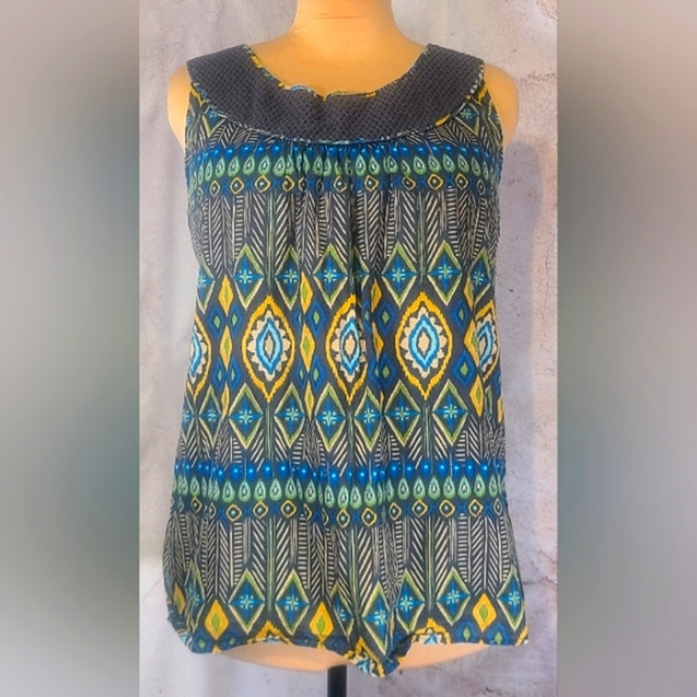 Izod Blue Yellow Green Sleeveless Top Scoop Neck Spring Summer XL 100% Cotton